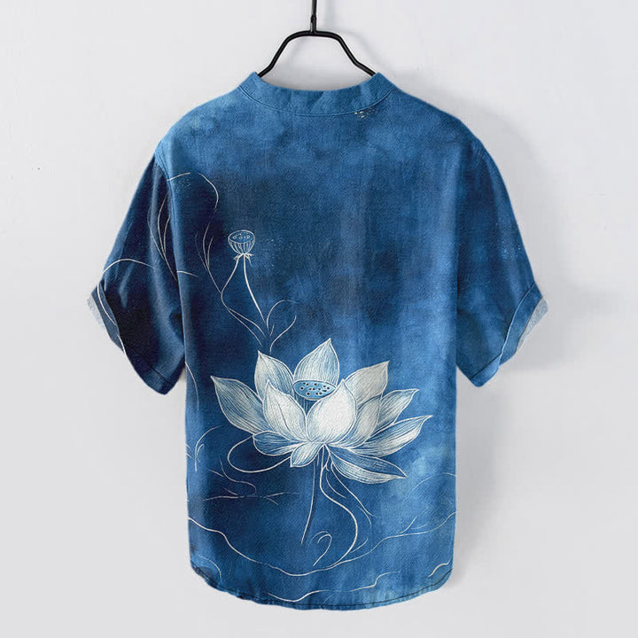 Buddha Stones Camicia da uomo a maniche corte con mezza abbottonatura e motivo a loto in cotone. - image 8