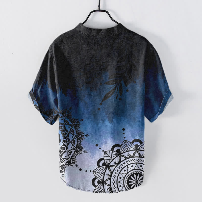 Buddha Stones Camicia da uomo a maniche corte con mezza abbottonatura e motivo mandala in cotone. - image 1