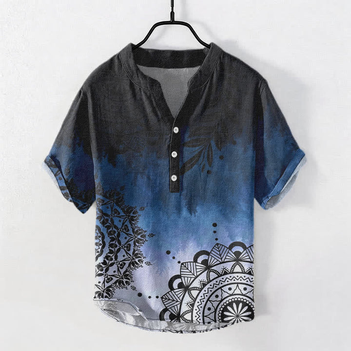 Buddha Stones Camicia da uomo a maniche corte con mezza abbottonatura e motivo mandala in cotone. - image 0