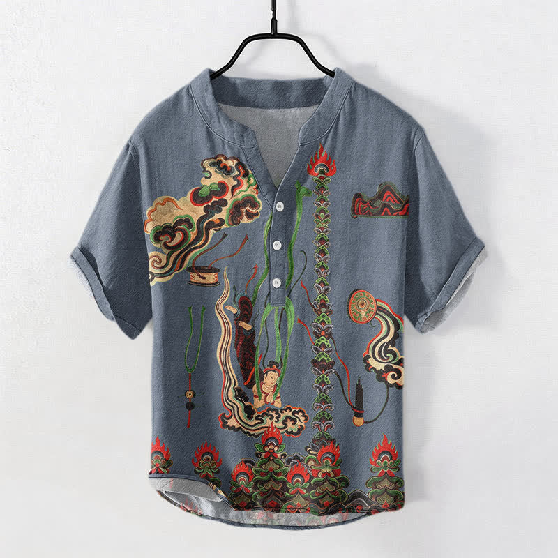 Buddha Stones Camicia da uomo a maniche corte con mezza abbottonatura e motivo a nuvole in cotone. - image 5