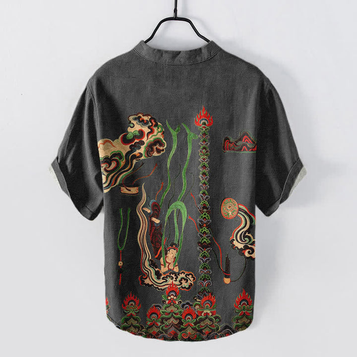 Buddha Stones Camicia da uomo a maniche corte con mezza abbottonatura e motivo a nuvole in cotone. - image 8