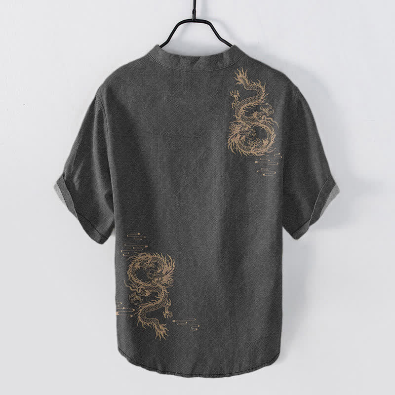 Buddha Stones Camicia da uomo a maniche corte con mezzo bottone Cotton Dragon - image 1
