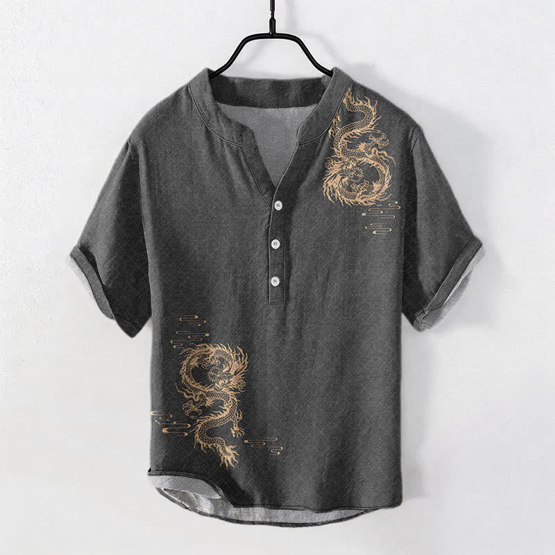 Buddha Stones Camicia da uomo a maniche corte con mezzo bottone Cotton Dragon - image 0
