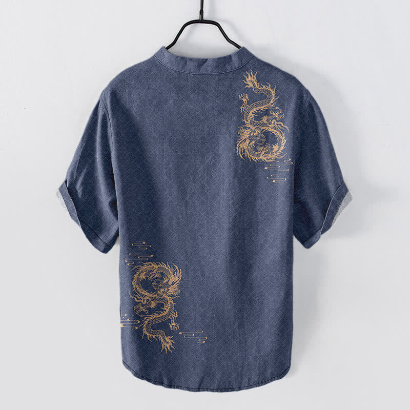 Buddha Stones Camicia da uomo a maniche corte con mezzo bottone Cotton Dragon - image 8