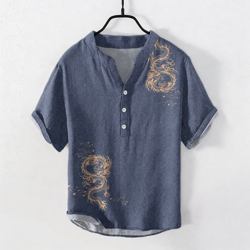 Buddha Stones Camicia da uomo a maniche corte con mezzo bottone Cotton Dragon - image 7