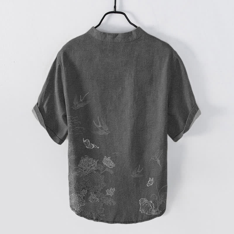 Buddha Stones Camicia a maniche corte da uomo con farfalla di loto e rondine - image 1
