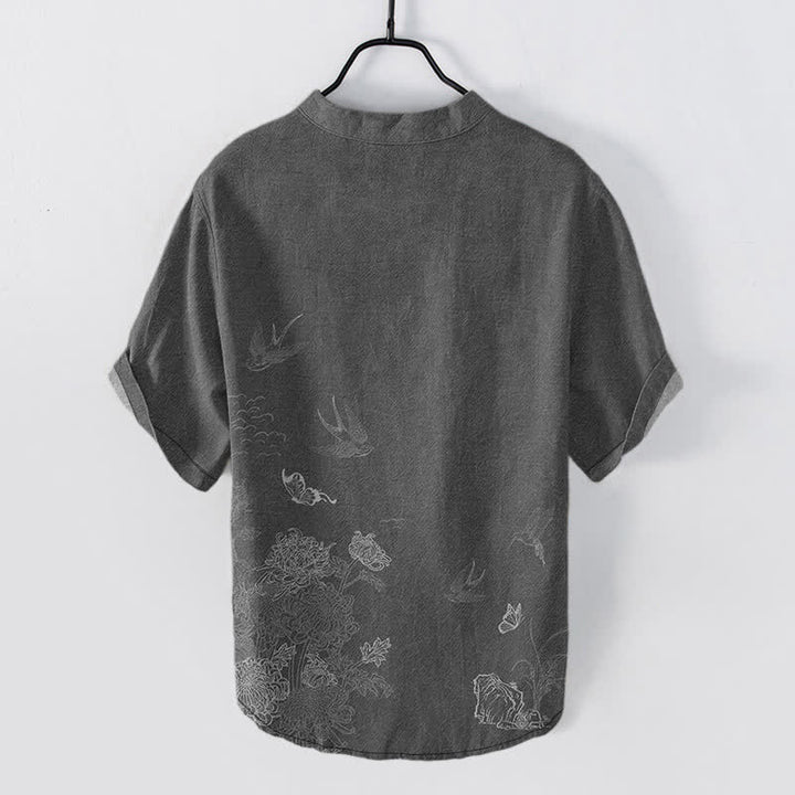 Buddha Stones Camicia a maniche corte da uomo con farfalla di loto e rondine - image 1
