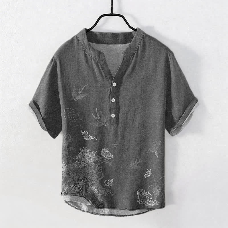 Buddha Stones Camicia a maniche corte da uomo con farfalla di loto e rondine - image 0