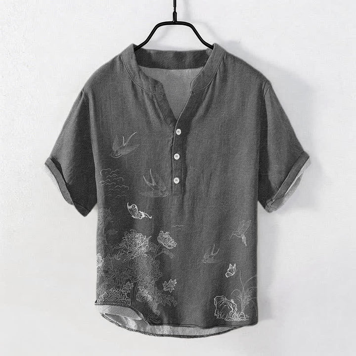 Buddha Stones Camicia a maniche corte da uomo con farfalla di loto e rondine - image 0