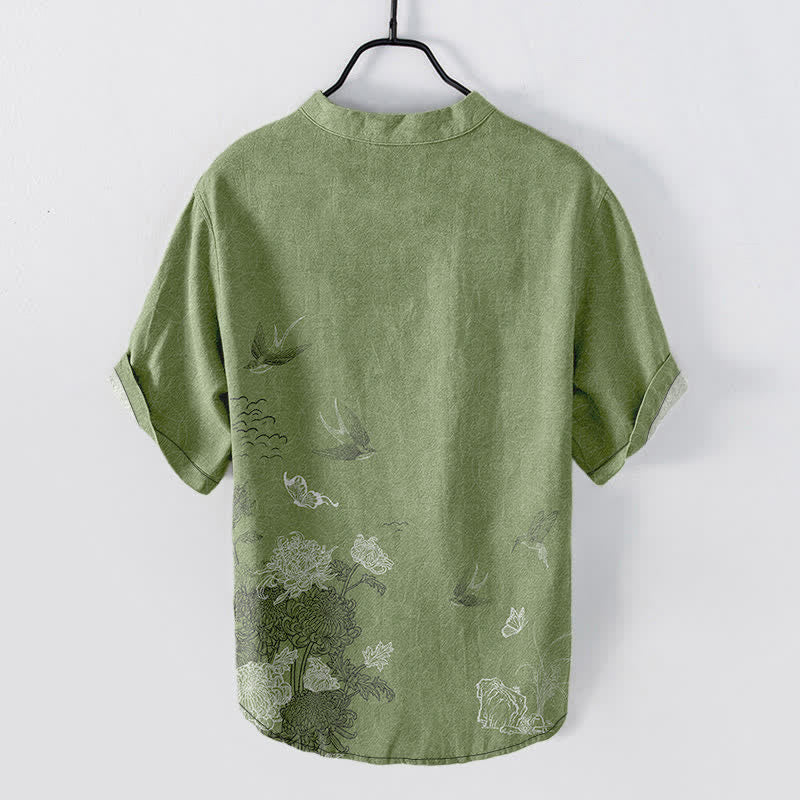 Buddha Stones Camicia a maniche corte da uomo con farfalla di loto e rondine - image 6