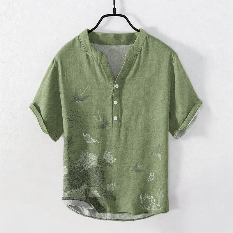 Buddha Stones Camicia a maniche corte da uomo con farfalla di loto e rondine - image 5