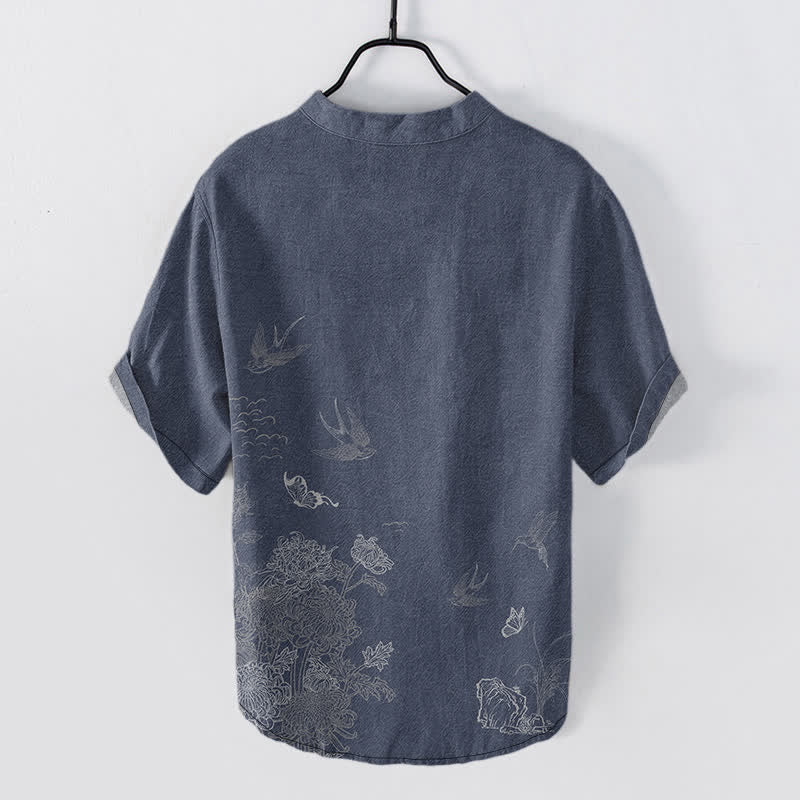 Buddha Stones Camicia a maniche corte da uomo con farfalla di loto e rondine - image 8