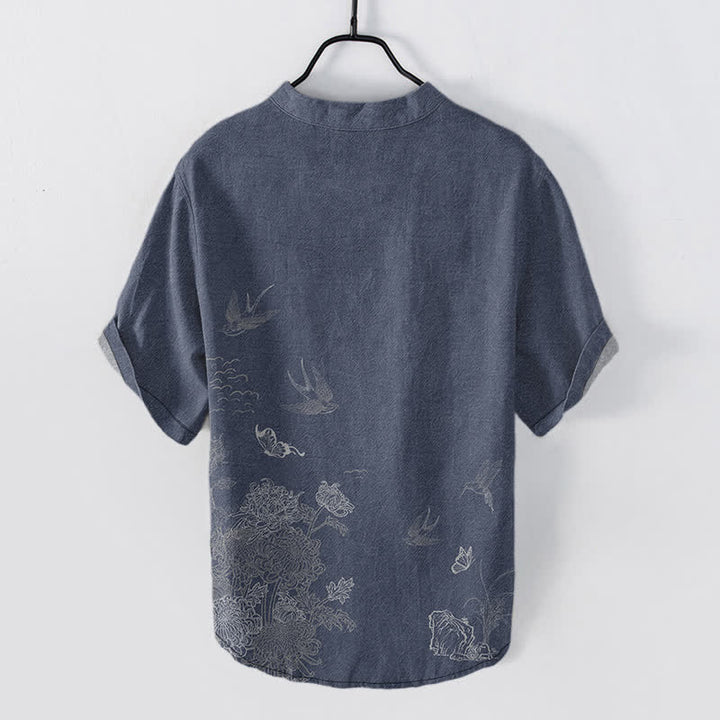 Buddha Stones Camicia a maniche corte da uomo con farfalla di loto e rondine - image 8