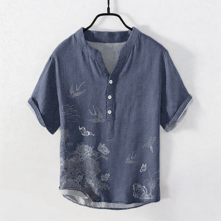 Buddha Stones Camicia a maniche corte da uomo con farfalla di loto e rondine - image 7