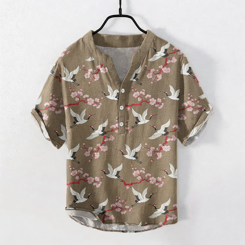 Buddha Stones Camicia Henley da uomo a maniche corte con motivo a fiori di prugno della Crane - Tan - US/UK/AU50, EU60 (5XL) - image 5
