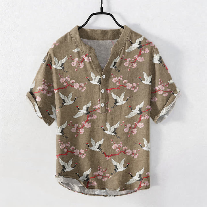 Buddha Stones Camicia Henley da uomo a maniche corte con motivo a fiori di prugno della Crane - Tan - US/UK/AU50, EU60 (5XL) - image 5