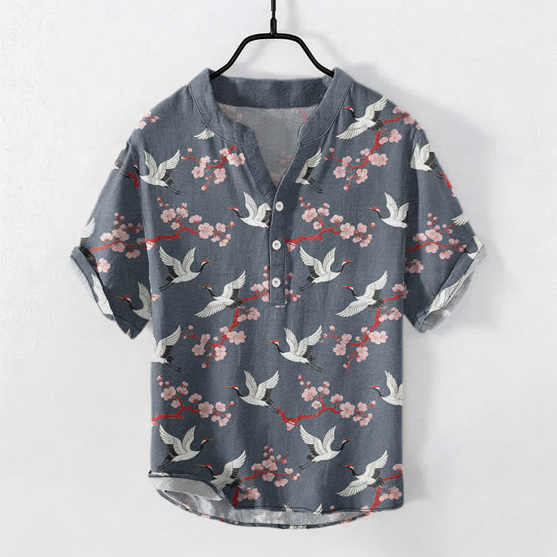 Buddha Stones Camicia Henley da uomo a maniche corte con motivo a fiori di prugno della Crane - Grigio ardesia - US/UK/AU50, EU60 (5XL) - image 7