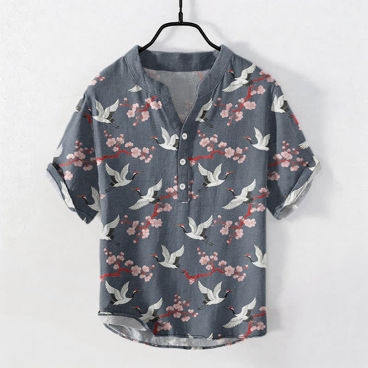 Buddha Stones Camicia Henley da uomo a maniche corte con motivo a fiori di prugno della Crane - Grigio ardesia - US/UK/AU50, EU60 (5XL) - image 7