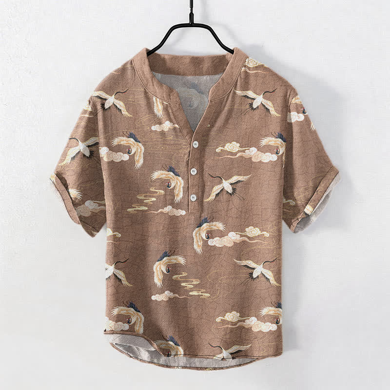 Buddha Stones Camicia da uomo a maniche corte con mezza abbottonatura e motivo uccelli volanti e nuvole - Legno robusto - US/UK/AU50, EU60 (5XL) - image 0