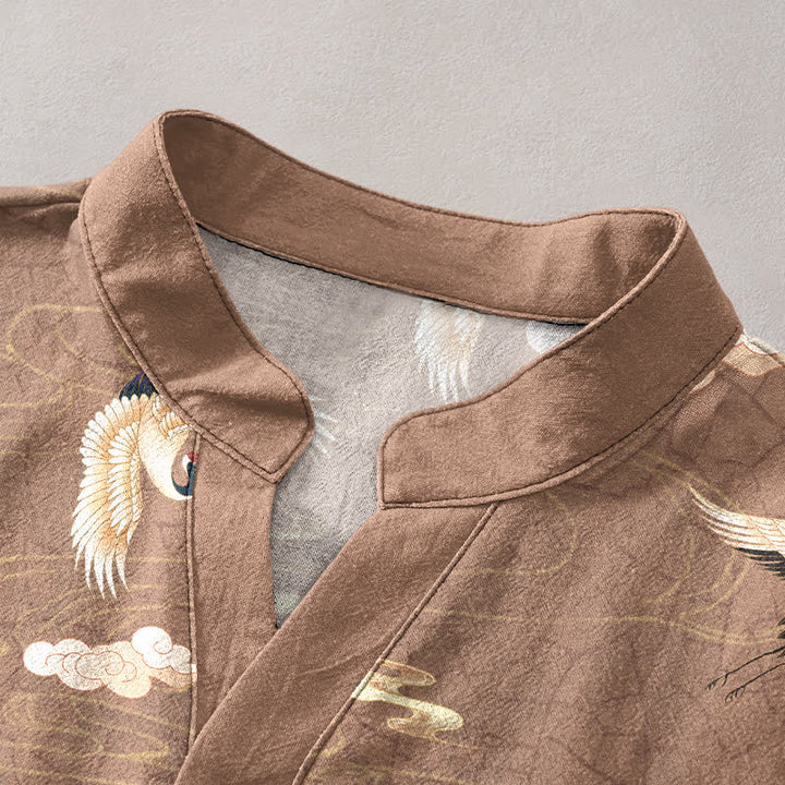 Buddha Stones Camicia da uomo a maniche corte con mezza abbottonatura e motivo uccelli volanti e nuvole - image 2