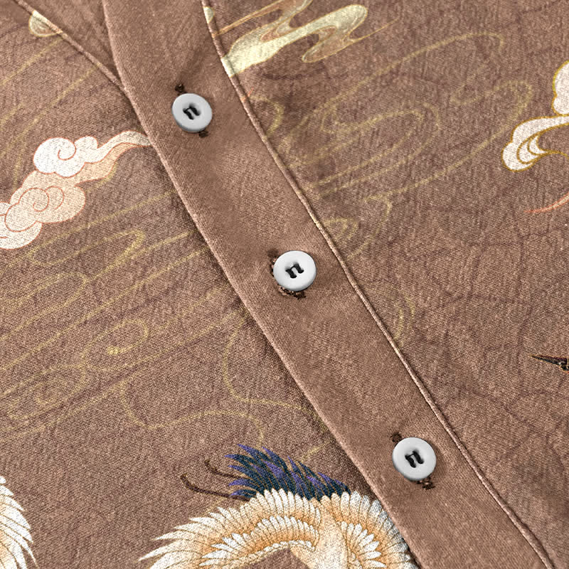 Buddha Stones Camicia da uomo a maniche corte con mezza abbottonatura e motivo uccelli volanti e nuvole - image 3