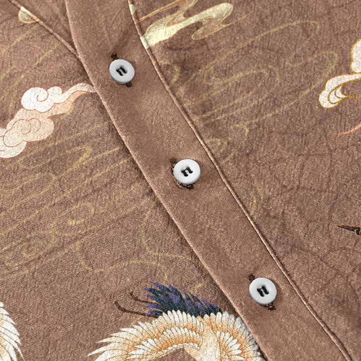 Buddha Stones Camicia da uomo a maniche corte con mezza abbottonatura e motivo uccelli volanti e nuvole - image 3