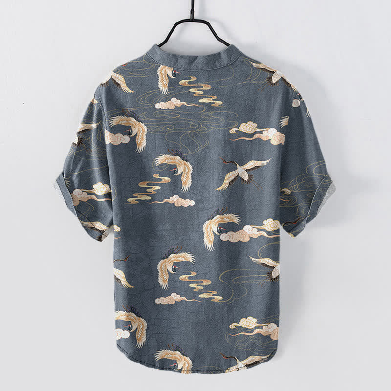 Buddha Stones Camicia da uomo a maniche corte con mezza abbottonatura e motivo uccelli volanti e nuvole - image 6