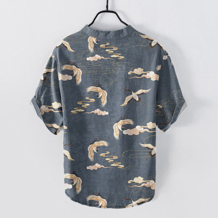 Buddha Stones Camicia da uomo a maniche corte con mezza abbottonatura e motivo uccelli volanti e nuvole - image 6