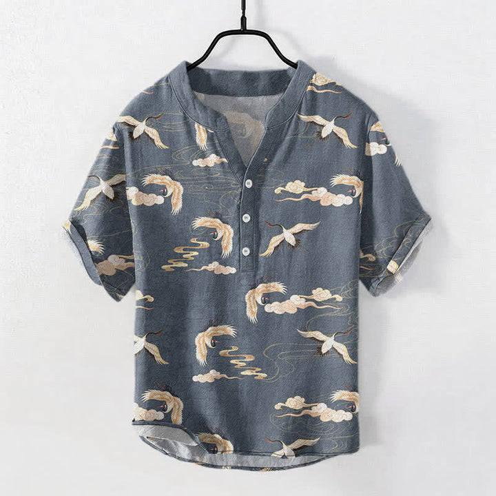 Buddha Stones Camicia da uomo a maniche corte con mezza abbottonatura e motivo uccelli volanti e nuvole - image 5