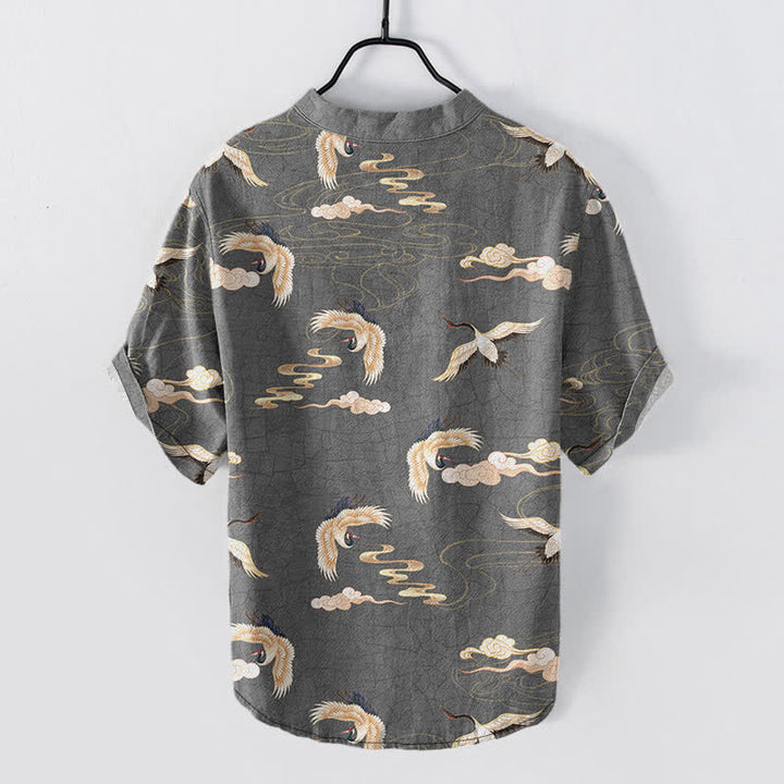 Buddha Stones Camicia da uomo a maniche corte con mezza abbottonatura e motivo uccelli volanti e nuvole - image 8