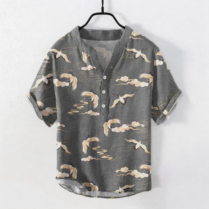 Buddha Stones Camicia da uomo a maniche corte con mezza abbottonatura e motivo uccelli volanti e nuvole - Grigio tenue - US/UK/AU50, EU60 (5XL) - image 7