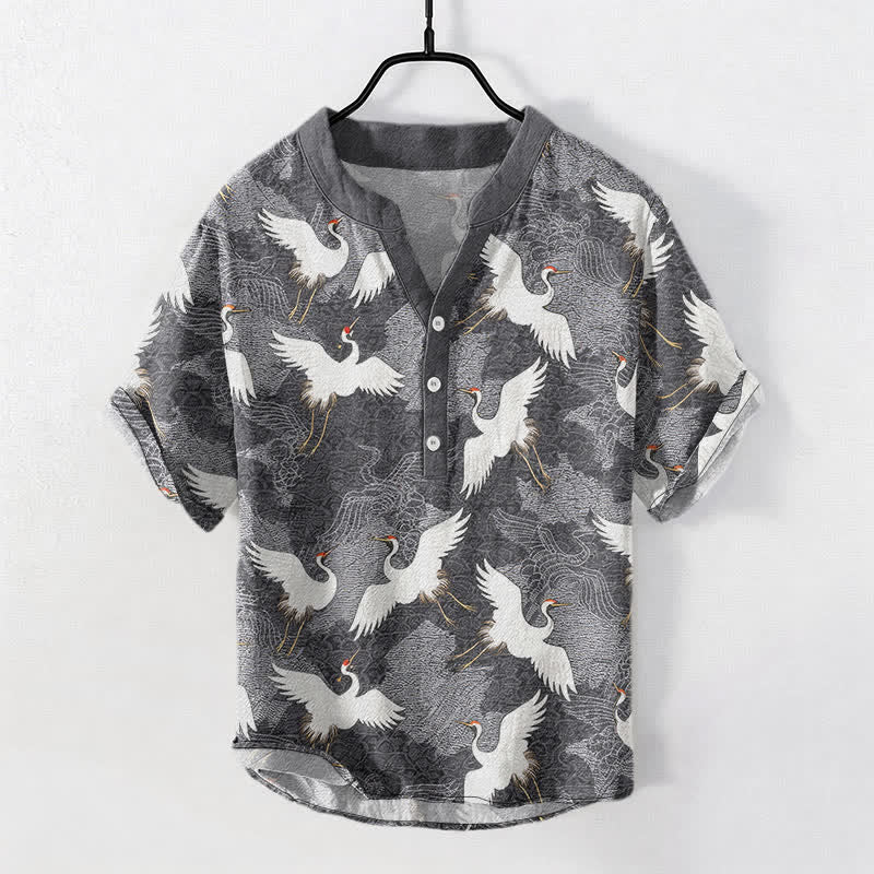 Buddha Stones Camicia da uomo a maniche corte Crane, ideale per il tempo libero e il resort. - image 0