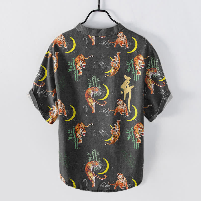 Buddha Stones Camicia da resort a maniche corte da uomo Tiger Moon Bamboo - image 1