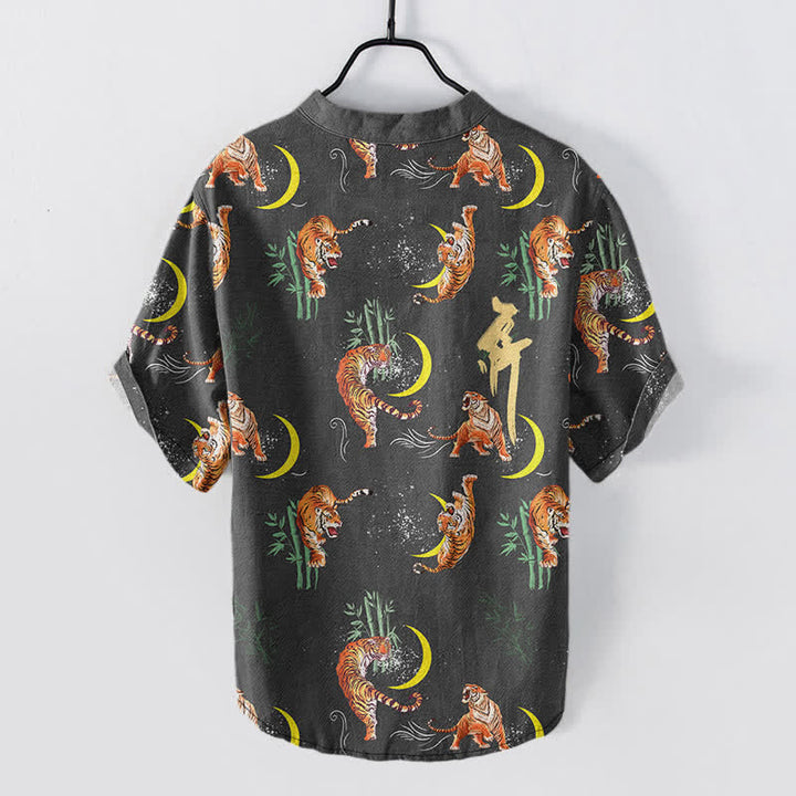 Buddha Stones Camicia da resort a maniche corte da uomo Tiger Moon Bamboo - image 1