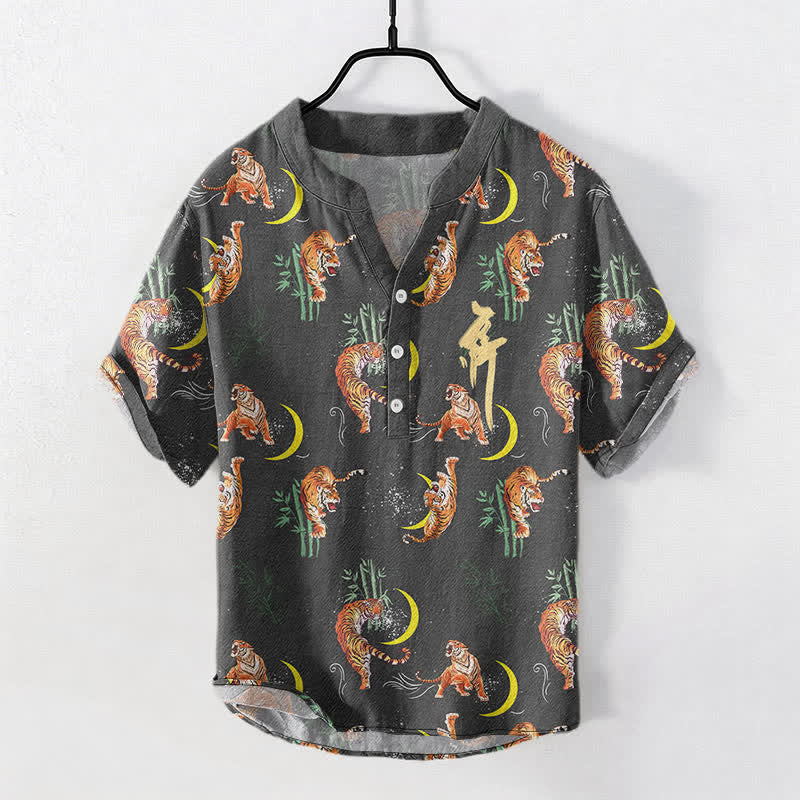 Buddha Stones Camicia da resort a maniche corte da uomo Tiger Moon Bamboo - image 0