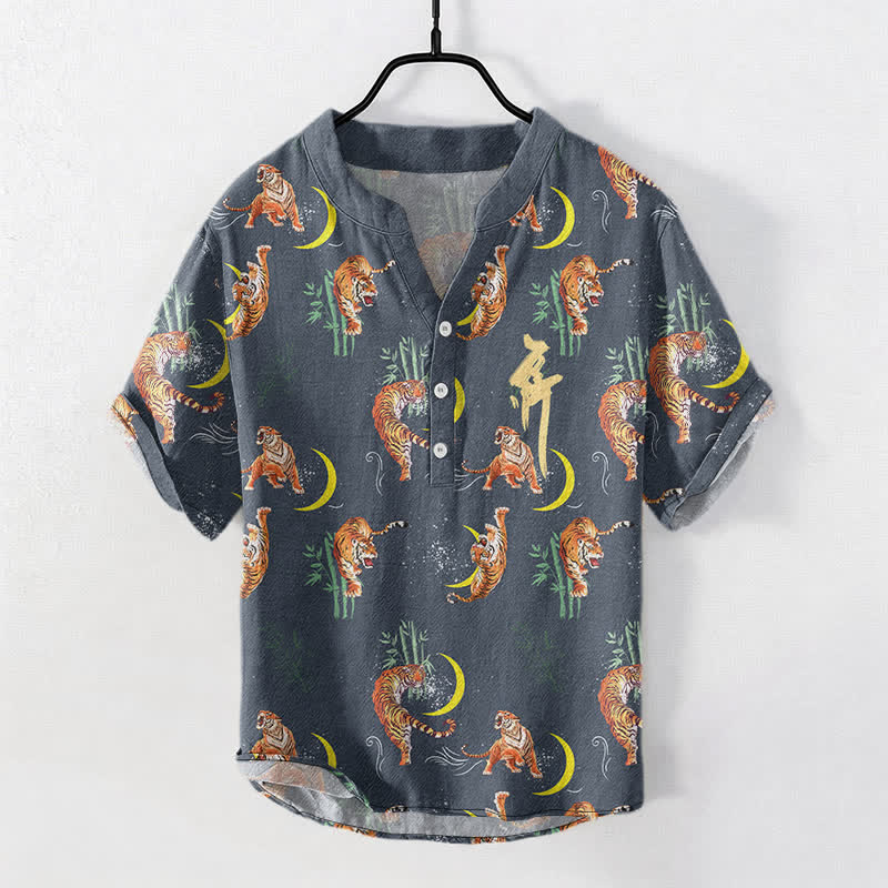 Buddha Stones Camicia da resort a maniche corte da uomo Tiger Moon Bamboo - image 7