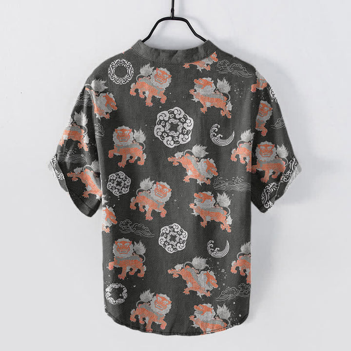 Buddha Stones Camicia da uomo a maniche corte Cotton Lion Waves Cloud, leggera, vestibilità ampia, ideale per il resort. - image 1