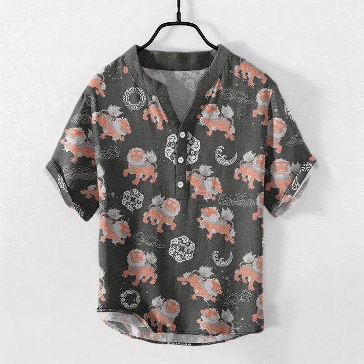 Buddha Stones Camicia da uomo a maniche corte Cotton Lion Waves Cloud, leggera, vestibilità ampia, ideale per il resort. - image 0