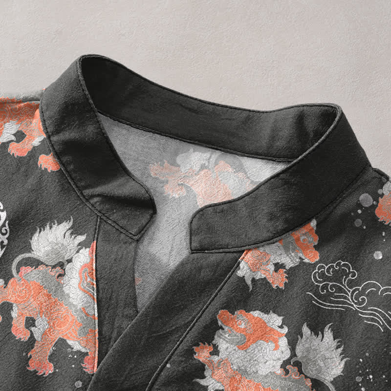 Buddha Stones Camicia da uomo a maniche corte Cotton Lion Waves Cloud, leggera, vestibilità ampia, ideale per il resort. - image 2