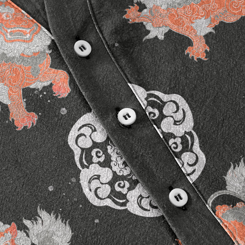 Buddha Stones Camicia da uomo a maniche corte Cotton Lion Waves Cloud, leggera, vestibilità ampia, ideale per il resort. - image 3