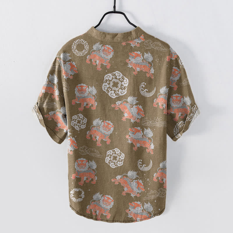 Buddha Stones Camicia da uomo a maniche corte Cotton Lion Waves Cloud, leggera, vestibilità ampia, ideale per il resort. - image 6