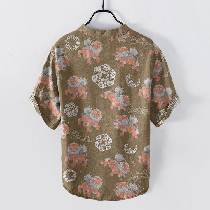 Buddha Stones Camicia da uomo a maniche corte Cotton Lion Waves Cloud, leggera, vestibilità ampia, ideale per il resort. - image 6