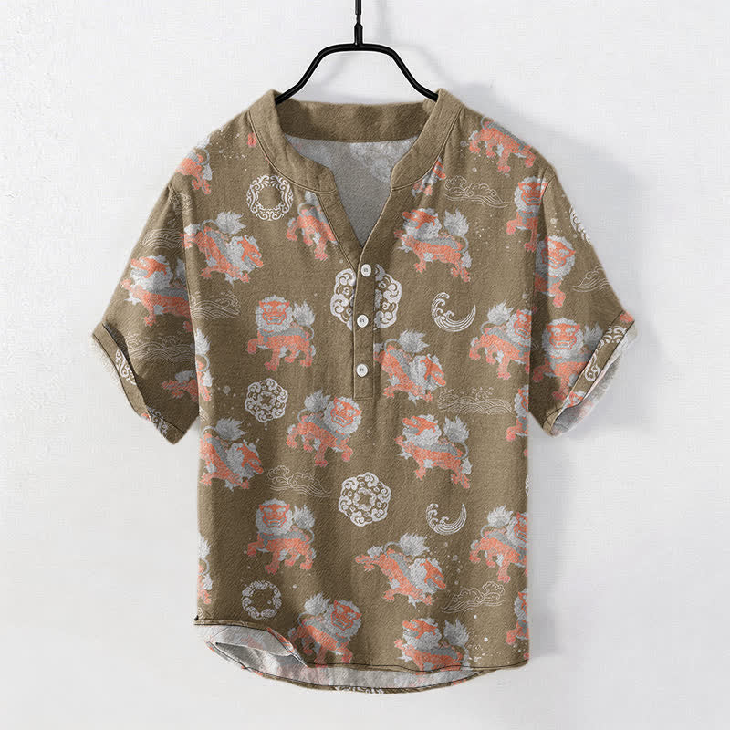 Buddha Stones Camicia da uomo a maniche corte Cotton Lion Waves Cloud, leggera, vestibilità ampia, ideale per il resort. - Tan - US/UK/AU50, EU60 (5XL) - image 5