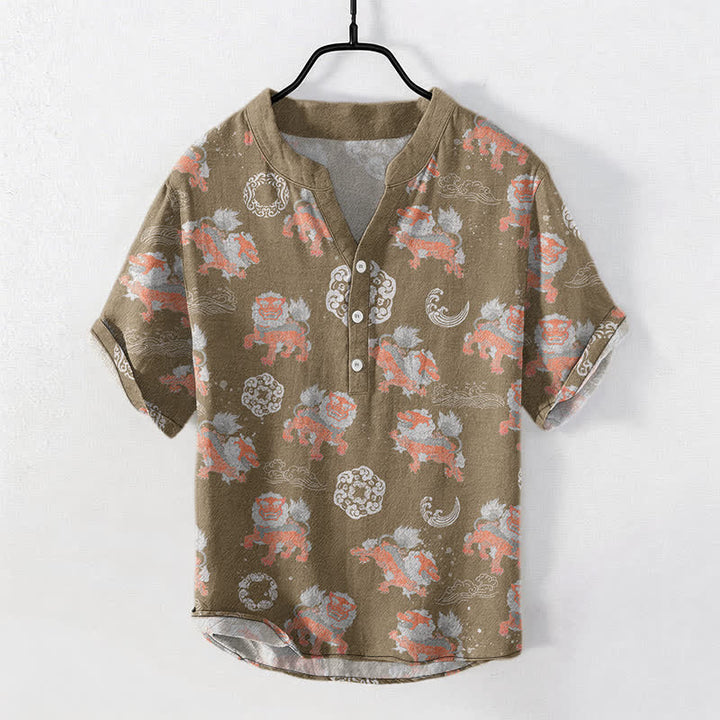 Buddha Stones Camicia da uomo a maniche corte Cotton Lion Waves Cloud, leggera, vestibilità ampia, ideale per il resort. - Tan - US/UK/AU50, EU60 (5XL) - image 5