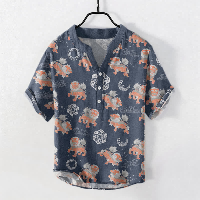 Buddha Stones Camicia da uomo a maniche corte Cotton Lion Waves Cloud, leggera, vestibilità ampia, ideale per il resort. - image 7