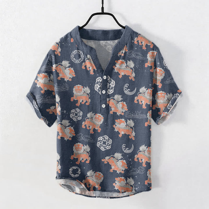 Buddha Stones Camicia da uomo a maniche corte Cotton Lion Waves Cloud, leggera, vestibilità ampia, ideale per il resort. - image 7