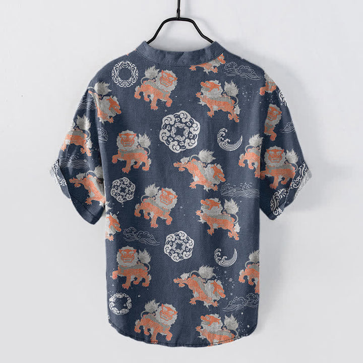 Buddha Stones Camicia da uomo a maniche corte Cotton Lion Waves Cloud, leggera, vestibilità ampia, ideale per il resort. - image 8