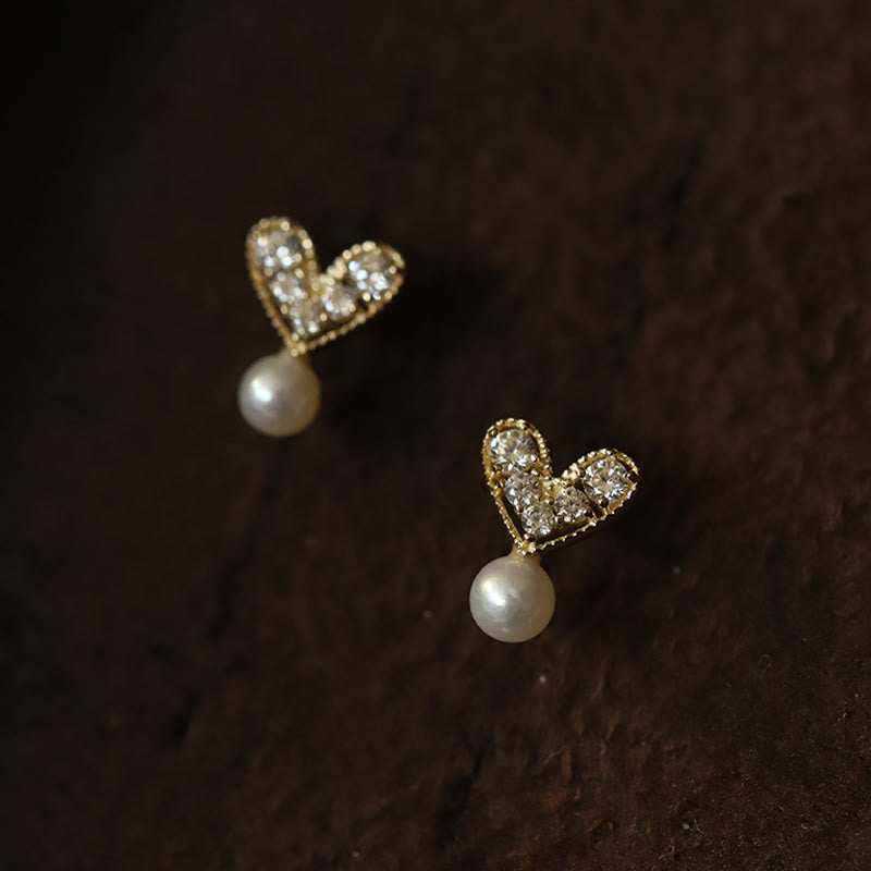 Buddha Stones Orecchini pendenti con design a cuore in argento sterling 925 placcato oro, con scritta "Sincerità". - Perla (argento sterling 925 placcato con perni dorati) - image 0