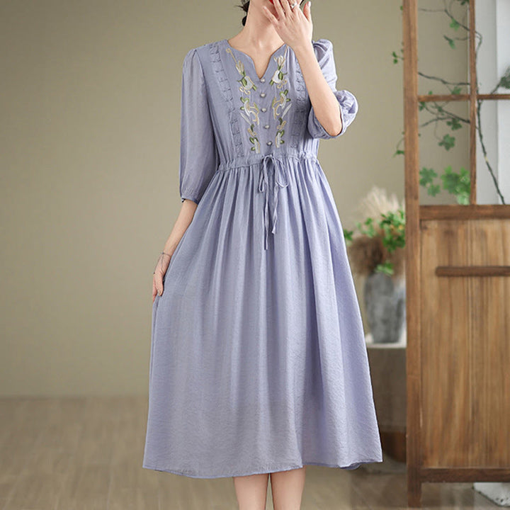 Buddha Stones Abito da donna primaverile con scollo a V, cintura in vita e maniche a tre quarti, con tasche, ricami floreali e scollo a V. - Lavanda - US8-10, UK/AU12-14, EU40-42 (2XL) - image 0