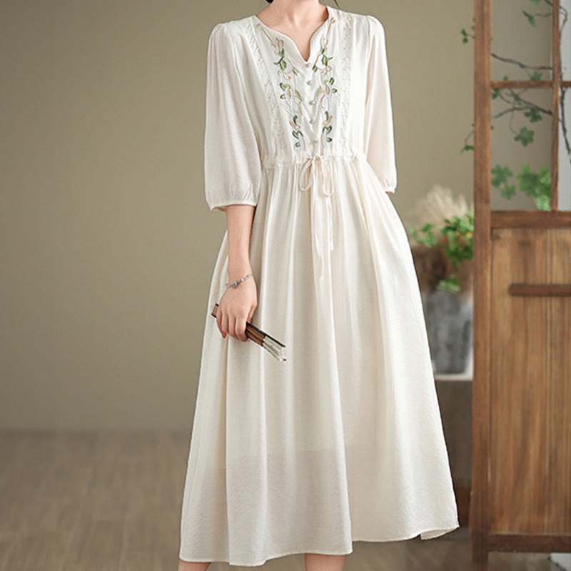 Buddha Stones Abito da donna primaverile con scollo a V, cintura in vita e maniche a tre quarti, con tasche, ricami floreali e scollo a V. - Bianco antico - US8-10, UK/AU12-14, EU40-42 (2XL) - image 11